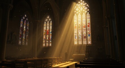 Obraz premium Sunlight streams through the stained glass windows of a gothic church, illuminating the interior with a divine and spiritual light, creating a peaceful atmosphere