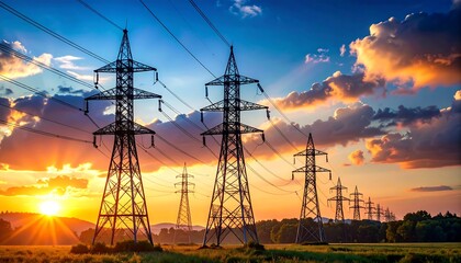 Power lines at sunset over a field