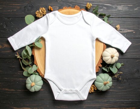 White baby bodysuit romper vest mock up on wooden autumn fall background with pumpkins