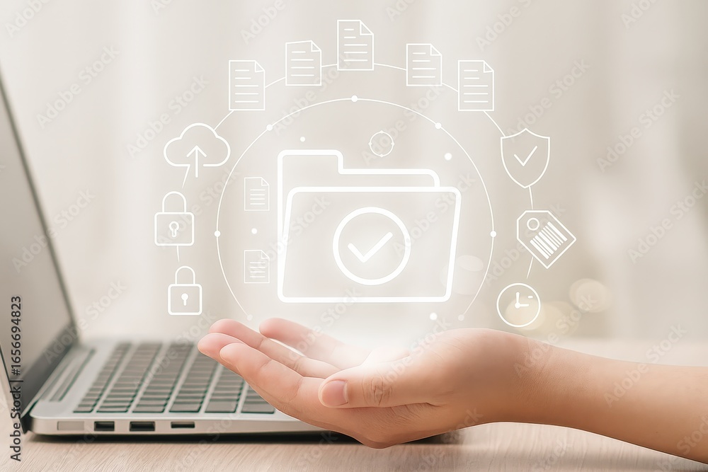 Poster a hand hovers over a digital representation of a secure folder, surrounded by icons of documents, cl