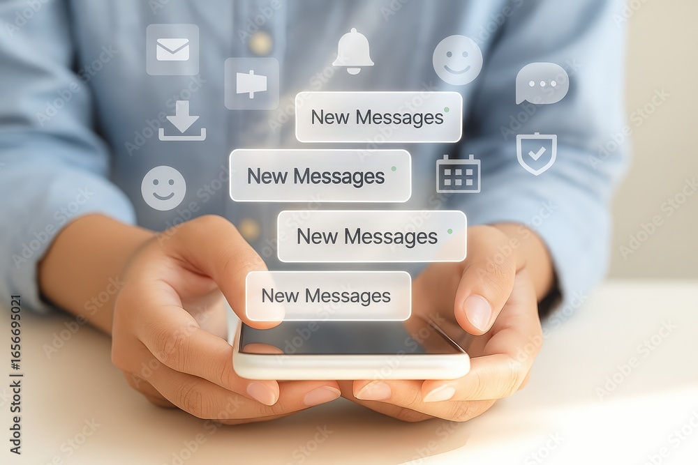 Poster hands holding a smartphone with translucent notification interface displaying new messages and app i