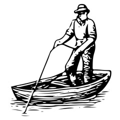 Fisherman Standing on Boat with Fishing Rod Engraving Illustration