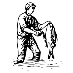 Fisherman Holding Fish Engraving Illustration