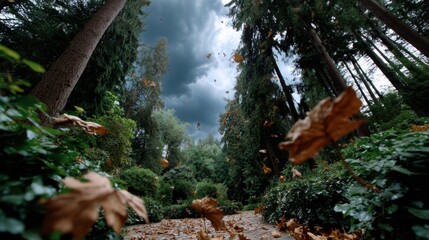 Obraz premium Leaves flying in stormy wind