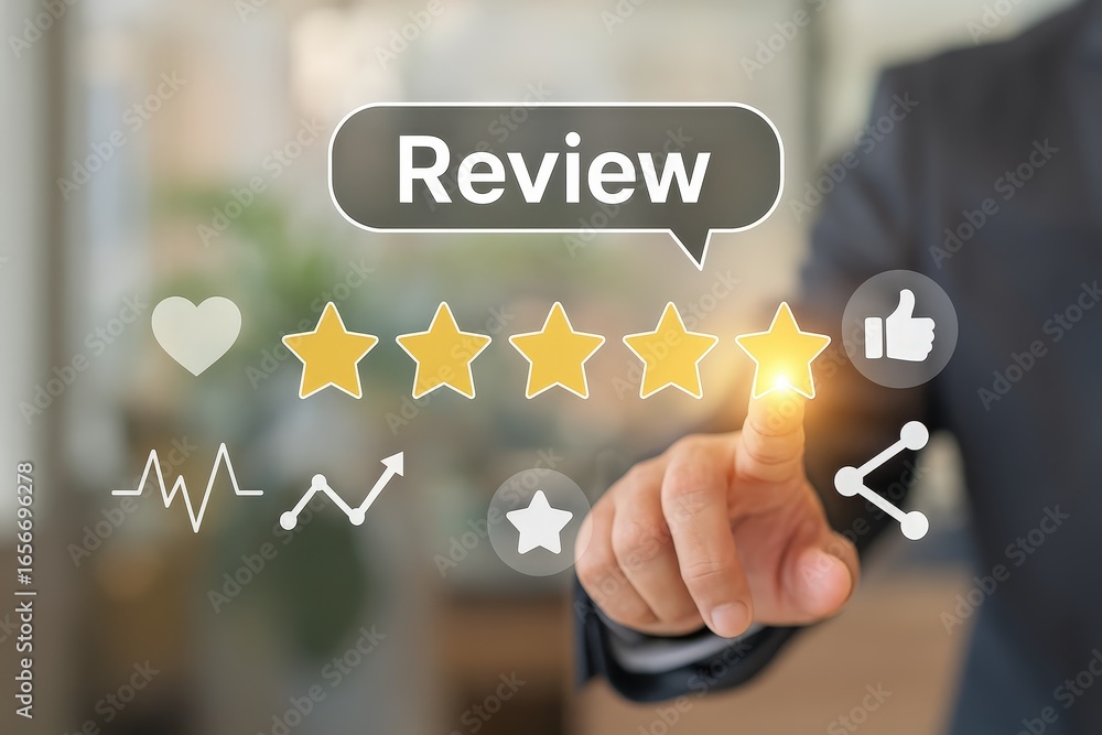 Poster a hand interacts with a digital review interface, highlighting positive feedback and user interactio