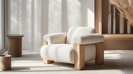 A minimalist, designer armchair made of light wood and fabric, standing as a statement piece in a modern, sun-drenched living room, interior design showcase, Architectural Digest quality, 