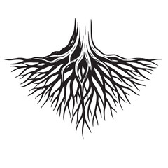 Detailed black and white illustration of a tree root system against a white background