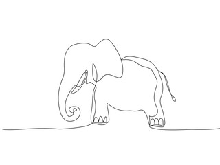 Minimal continuous one line drawing of an elephant standing, simple outline style, vector illustration, modern minimalism design, editable stroke, isolated on white background.