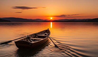Ein hölzernes Ruderboot gleitet über einen stillen See im warmen Licht des Sonnenuntergangs