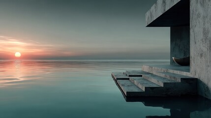 A minimalist diving board made of polished concrete, positioned at the edge of a vast, calm body of water, representing the leap into a new venture