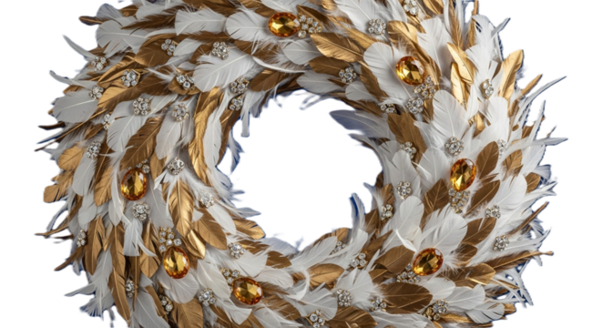 White and gold feather wreath with sparkling gemstones on transparent background