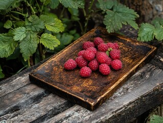 A raspberries on the board in the garden.
