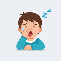 A young boy yawning and feeling sleepy while sitting at a table, with cartoonish z's floating above