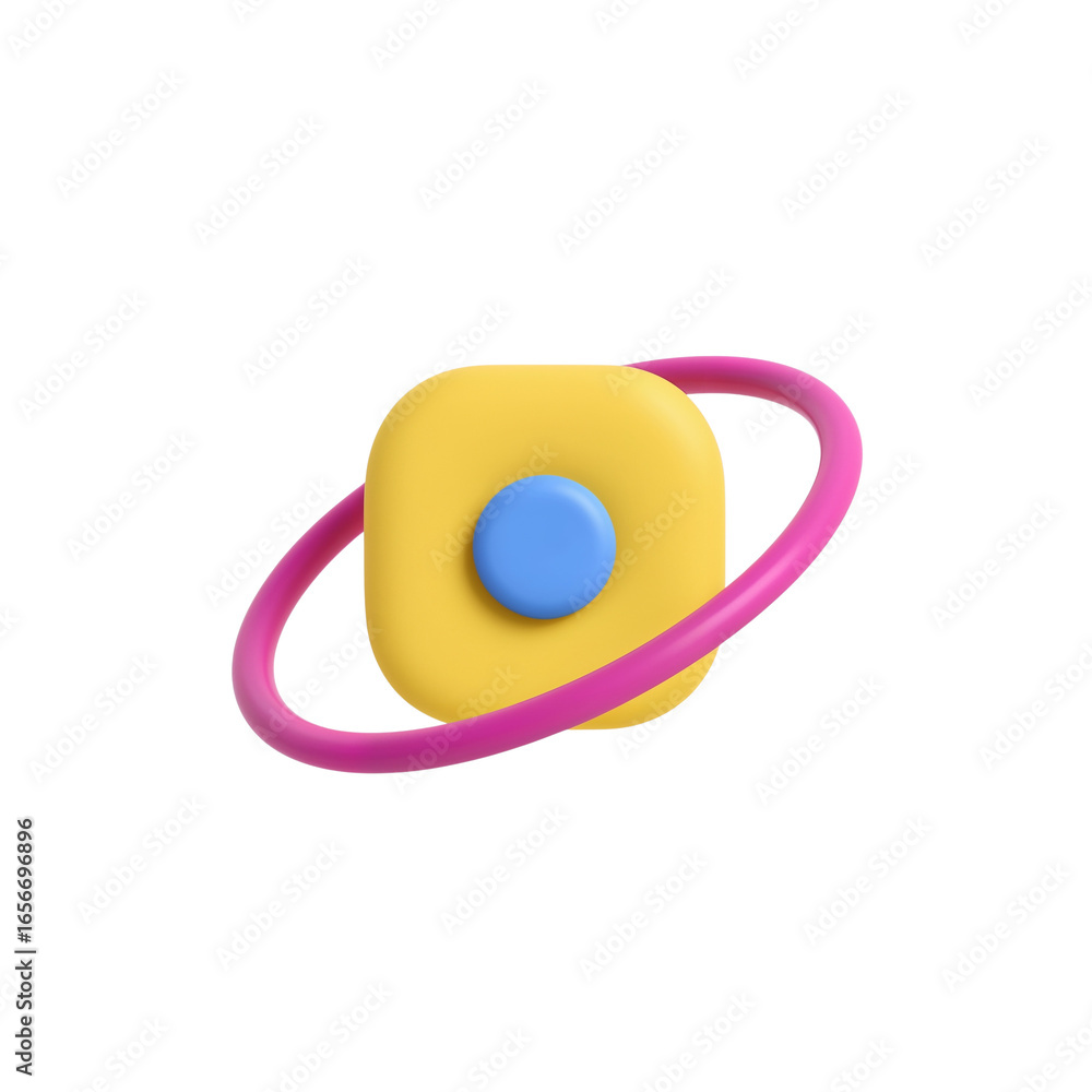 Poster stylized abstract form with orbit, playful colors on a stark backdrop, design element isolated on