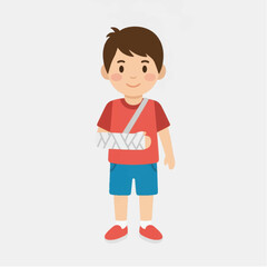 Young boy with a broken arm in a cheerful pose, standing against a plain background