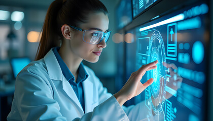 Female Scientist Analyzing Data on Futuristic Touchscreen Display in a Modern Lab - Scientific Research & Technology Concept