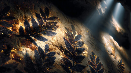 Ancient Earth life traces with microbial fossil patterns illuminated by warm natural sunlight. Environmental conservation and sustainable development concept for ecological awareness.