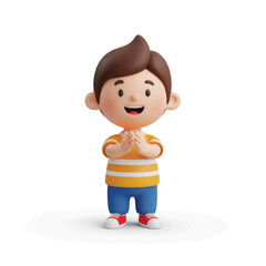 Cheerful cartoon boy with brown hair wearing striped shirt and blue pants, smiling joyfully in a playful setting
