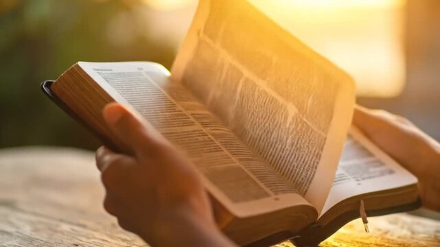 Hands reading open book outdoor setting