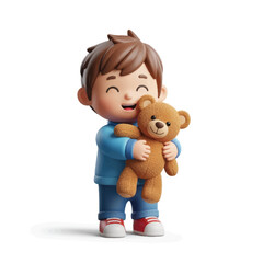 Cheerful child holding a teddy bear, standing in a bright, playful environment with soft colors