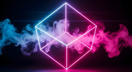 Neon cube with pink and blue smoke in a futuristic setting