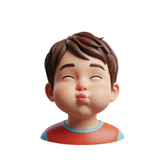 Cheerful young boy making a playful kissing face, set against a bright, simple background