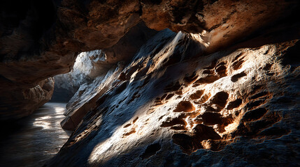 Ancient Earth life traces with microbial fossil patterns illuminated by warm natural sunlight. Environmental conservation and sustainable development concept for ecological awareness.