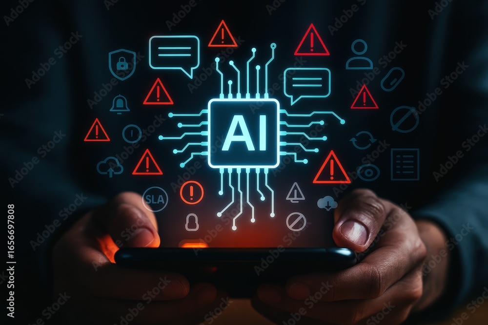 Poster a modern graphic displays an ai chip surrounded by caution symbols, creating a concept image of chal