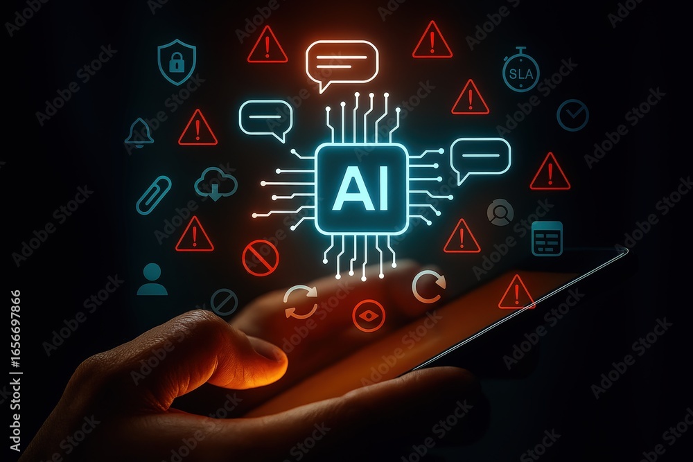 Poster a hand interacts with a tablet displaying an ai concept with various related icons.