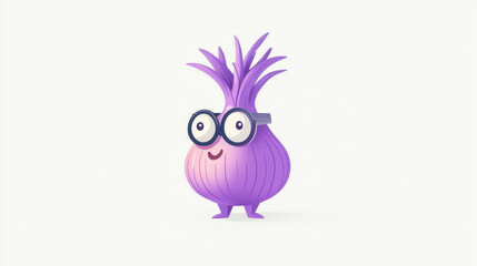 Happy purple onion cartoon character wearing glasses, standing upright. Cute smiling vegetable for kids' health and nutrition.