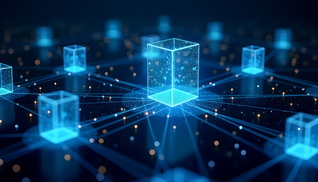 Blockchain Technology Concept: Futuristic Network of Interconnected Glowing Cubes, Digital Data Transfer, Modern Tech Illustration