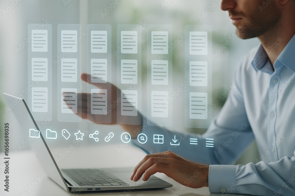 Aufkleber a person interacts with a holographic display of document icons overlaid on a laptop computer, showc