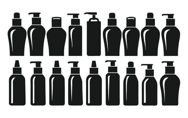 Collection of black shampoo bottle silhouettes and icons