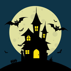 Spooky haunted house silhouette with bats and moon