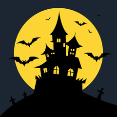 Spooky haunted house silhouette bats full moon vector