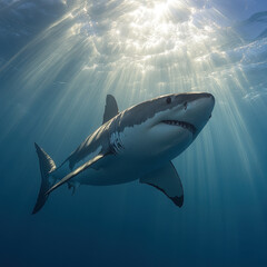 Obraz premium Great white shark swimming in ocean depths.
