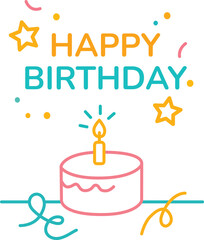 Happy birthday greeting with colorful cake, candle, stars, confetti, and festive decoration, cheerful celebration mood