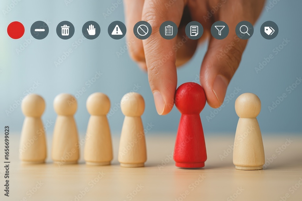 Poster a hand selects a distinguished figure from a row of similar figures, highlighting the concept of cho