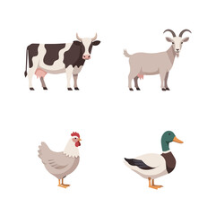 Farm Animals Vector Set: Cow, Goat, Chicken, and Duck - Domestic Animal Graphics for Agriculture and Wildlife Designs