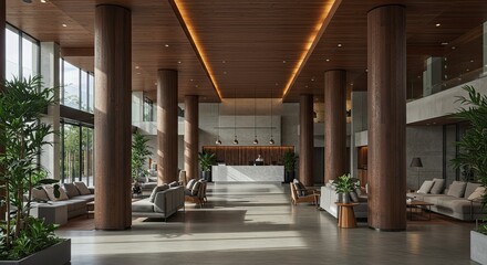 Fototapeta premium Experience modern luxury and sophisticated design in this stunning hotel lobby featuring natural wood, plush seating, and warm ambient lighting creating an inviting and elegant atmosphere for guests.