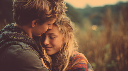 Fototapeta premium romantic scene of couple of young man and woman hugging together
