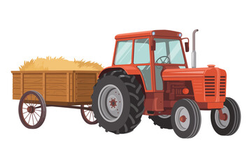 Obraz premium Orange tractor pulling a hay filled trailer on a white background