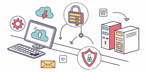 Secure cloud computing network infrastructure with data protection and online security for business systems stock photo on transparent background