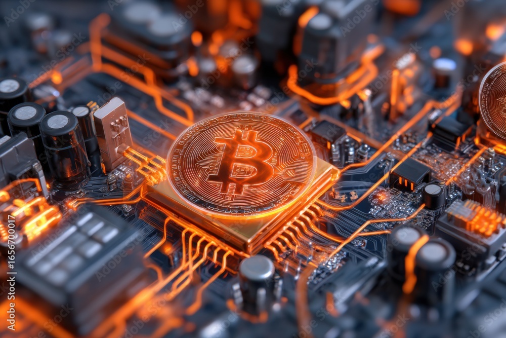Poster a close-up view of a bitcoin on a circuit board, showcasing intricate electronics and glowing connec