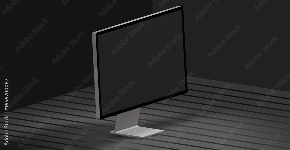 Poster modern sleek monitor with a minimalist design, displaying a dark screen, casting shadows across the 