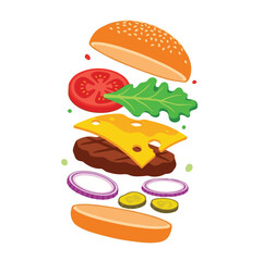 Burger Ingredients Exploded Vector Illustration - Restaurant Menu and Fast Food Design Project. Delicious Burger with fresh ingredients.