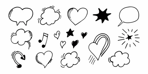 Hand drawn doodle vector elements for design, hearts clouds stars speech bubbles notes and arrow sketch art stock photo on transparent background