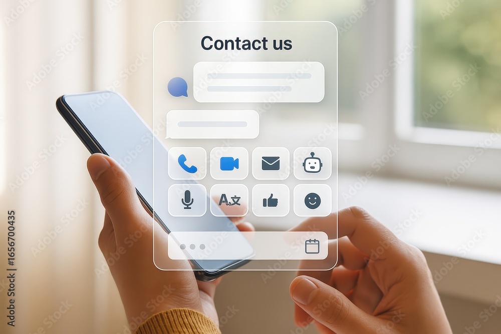 Poster hands holding a smartphone displaying a contact us interface with various communication options.
