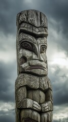 Carved wooden totem stands against stormy sky