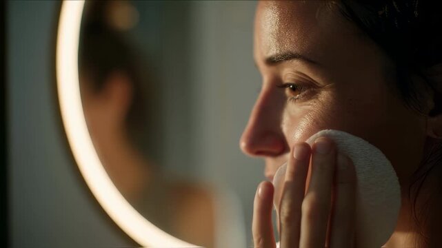 Young woman removing makeup from her face with a cotton pad, surrounded by a modern bathroom featuring a sleek led mirror, embodies a refreshing self care routine